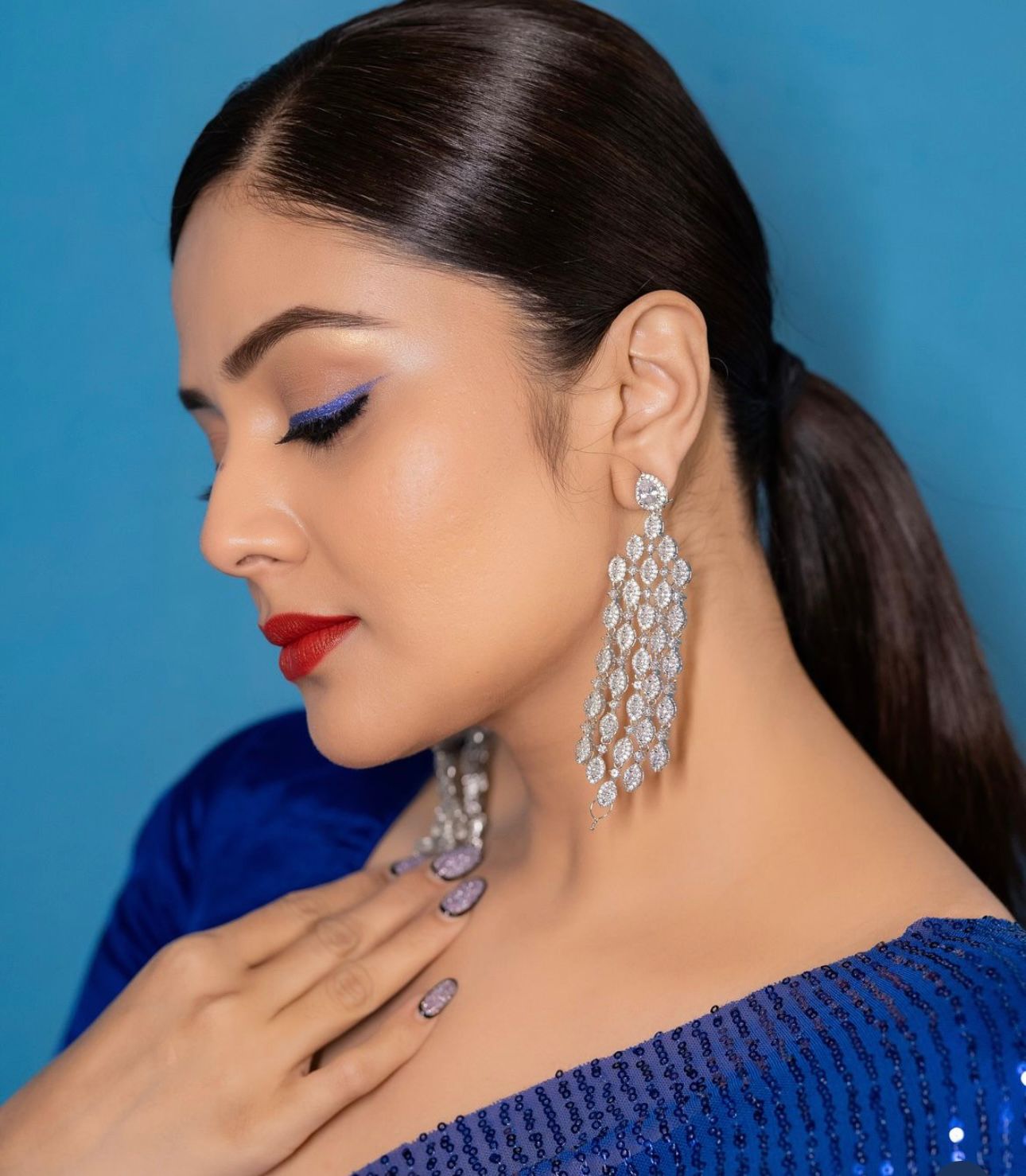 Sreemukhi long zircon diamond party wear