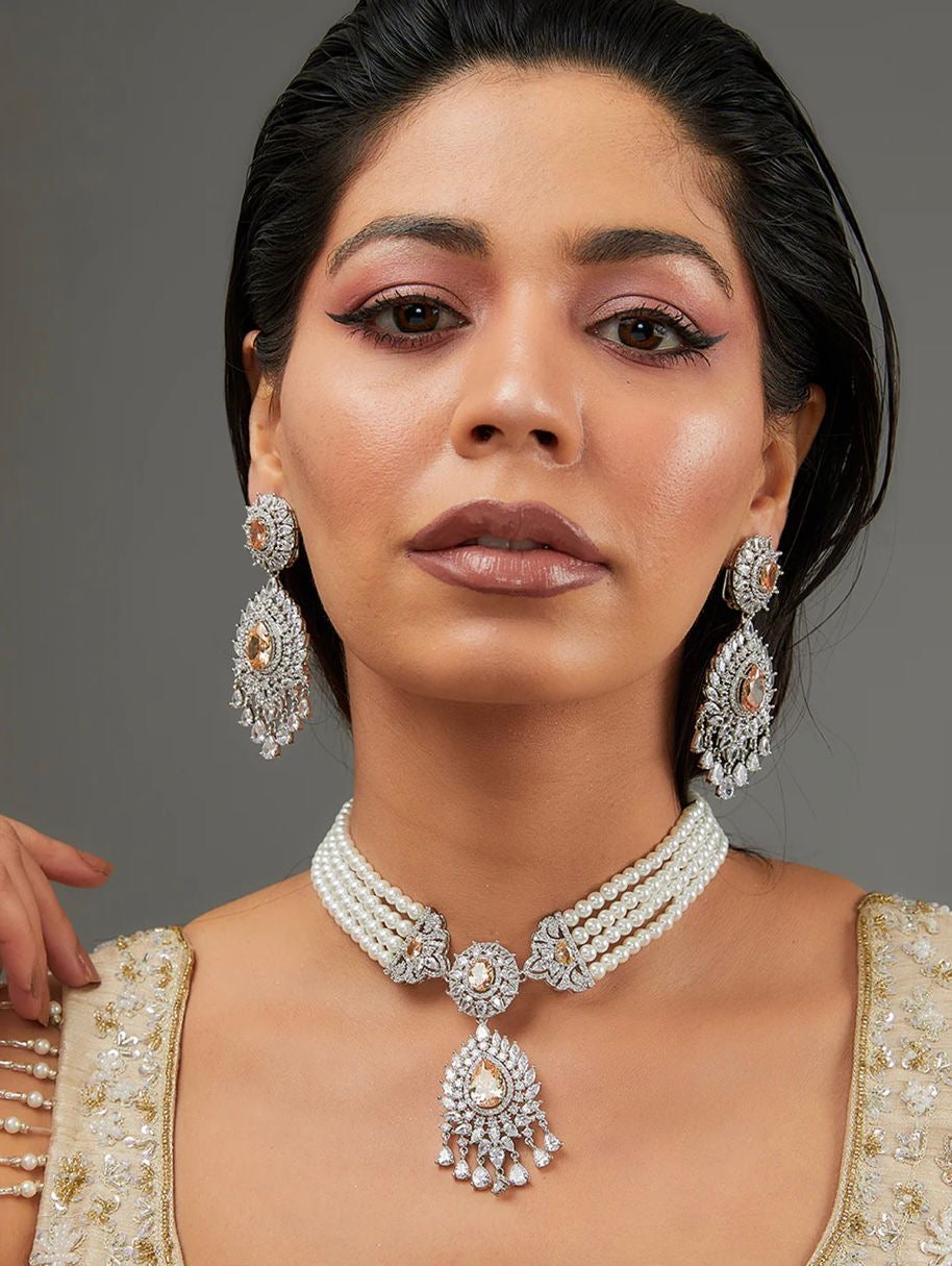 “Pearl Choker Set with Zircon Studded Drop Earrings”